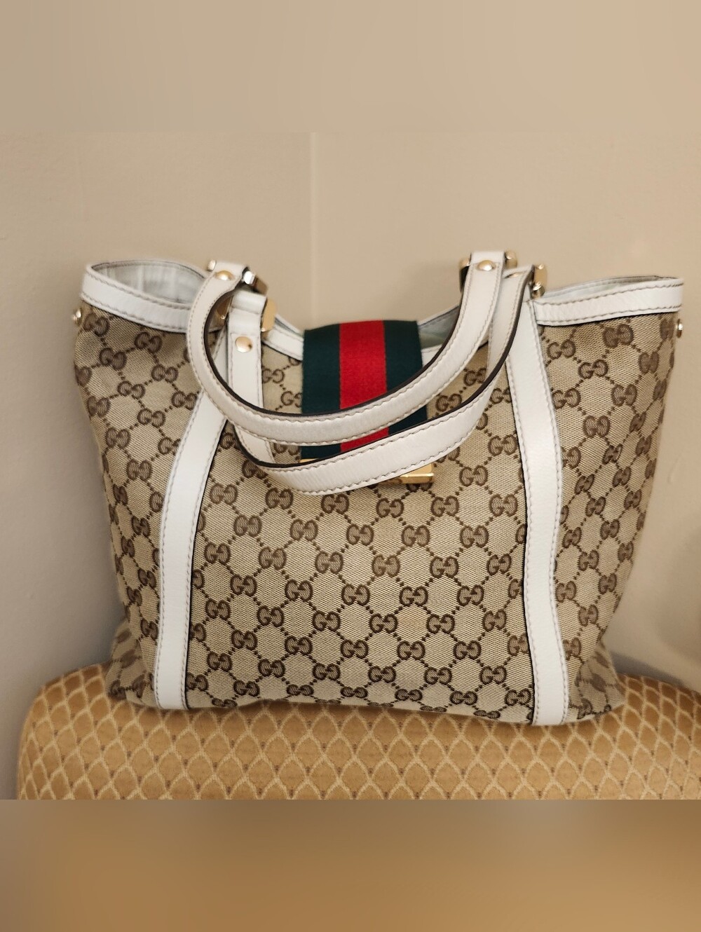 Gucci Beige GG Canvas Tote with White Trim and Green-Red Web Stripe